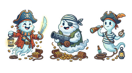Obraz premium Cartoon ghost pirates celebrating treasure with pirate themed