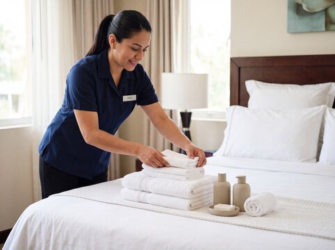 Smiling hotel housekeeper arranging fresh white towels on a bed