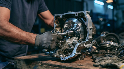 Fototapeta premium Mechanical Marvel: A mechanic's gloved hands meticulously work on the intricate components of a complex machinery part, surrounded by tools and spare parts in a workshop setting.
