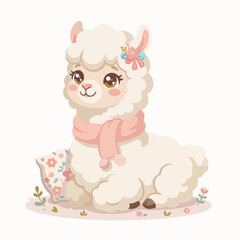 Fototapeta premium Cute Llama with Pink Scarf and Floral Pillow Illustration