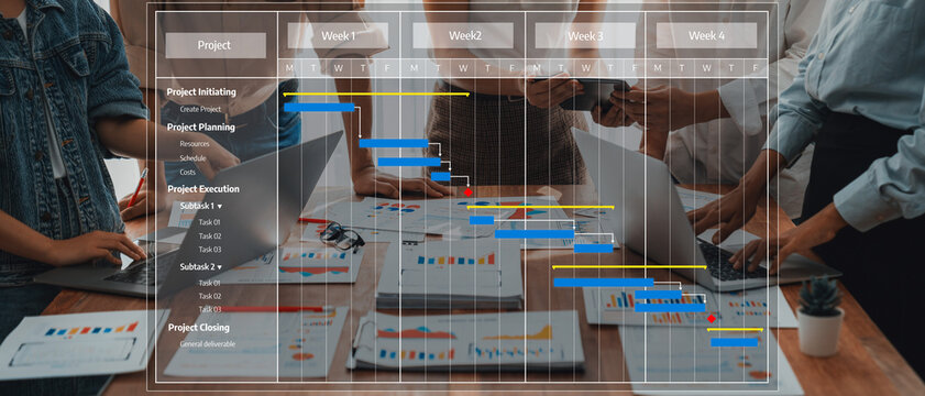 Analyst team utilizing BI Fintech to analyze and pointing at financial dashboard paper office. Businesspeople examining report paper on table for business insight. Panorama shot. Scrutinize Amity