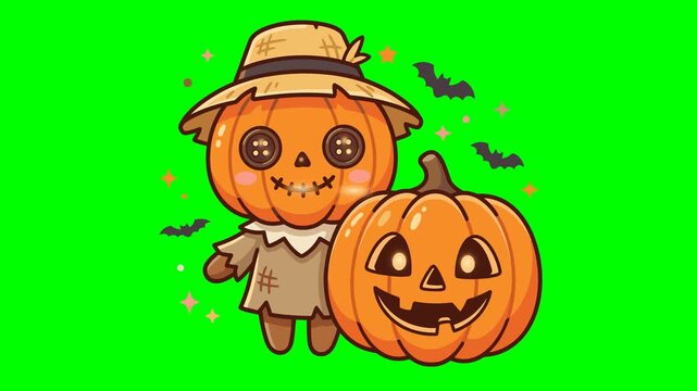 Halloween Scarecrow and Jack O Lantern on Green Screen Background