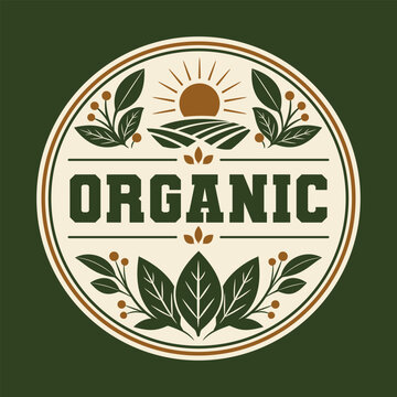 Vintage round organic food badge with farm landscape and leaves