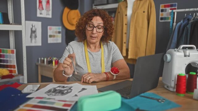 Woman dressmaker sketching garment designs on paper, right hand drawing near laptop with tape measure and pincushion in studio; focused creativity.