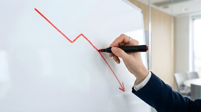 Business professional drawing a declining red market chart on whiteboard