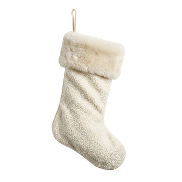 White textured plush Christmas stocking isolated. Christmas holiday