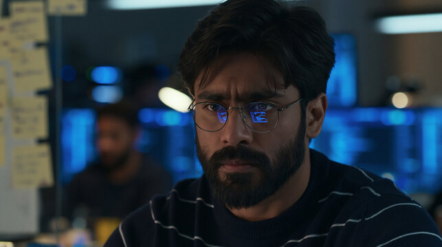 Focused Analyst: A sharp-eyed man wearing glasses and a beard intently studies data on a computer screen, illuminated by the blue glow of monitors in a modern office setting.