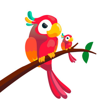 Cute colorful parrot and small bird sitting on a tree branch vector illustration isolated on white background