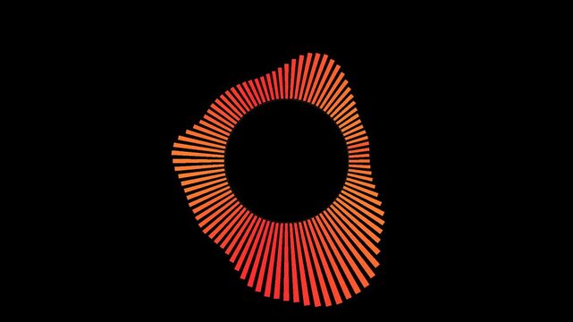 Abstract circular waveform audio visualization with orange gradients on a deep black background representing digital sound pulses and music data