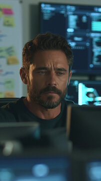 Focused Hacker at Work: A man with a serious expression, intently focused on multiple computer screens displaying complex data and code, suggesting a deep dive into digital exploration.