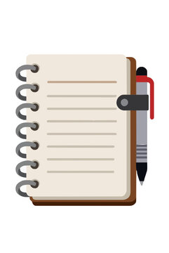 Spiral bound lined notepad with a pen clipped securely to its side, flat vector illustration on a white background