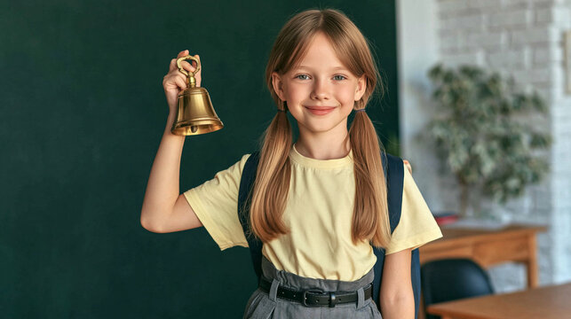 School Bell Joy: A happy young girl with blonde pigtails smiles brightly, holding a golden school bell in her hand, ready to signal the start or end of a class.
