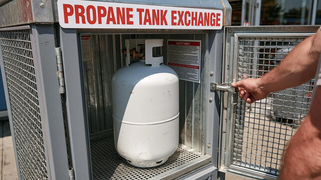 Propane Tank Exchange Station: A close-up shot captures a standard propane tank within its designated exchange cage, with a hand reaching to open the cage door.