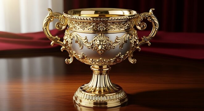 Antique gold ornate goblet with intricate engravings.