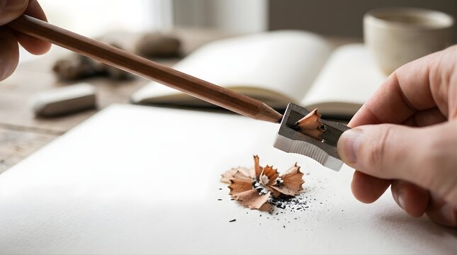 Hand sharpening a wooden pencil with a metal sharpener on paper desk