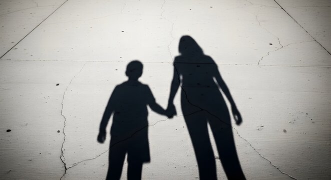 Mother and Child Walking Side by Side Through Their Long Shadows, Minimal Symbolic Family Bonding and Emotional Parent Child Concept