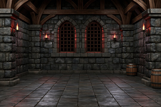 Castle room stone wall arched window torch light medieval interior wooden beam empty floor dark chamber dungeon room fantasy room