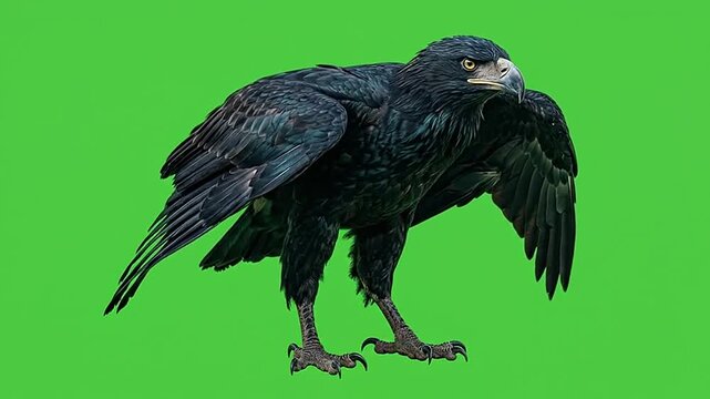 Black eagle bird flapping wings on green screen for halloween
