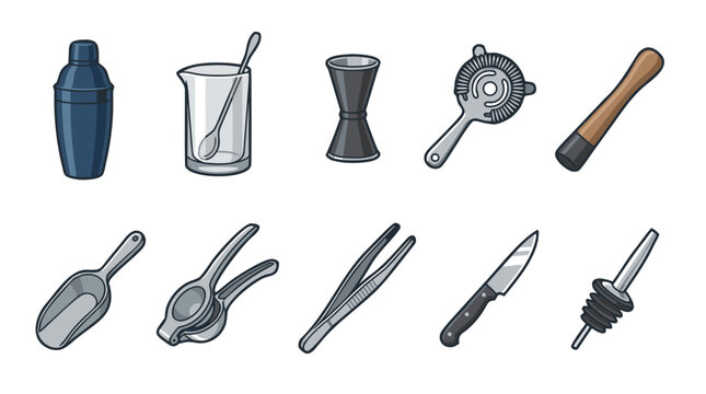 Cocktail bartending tools and bar equipment icons set in vector illustration style
