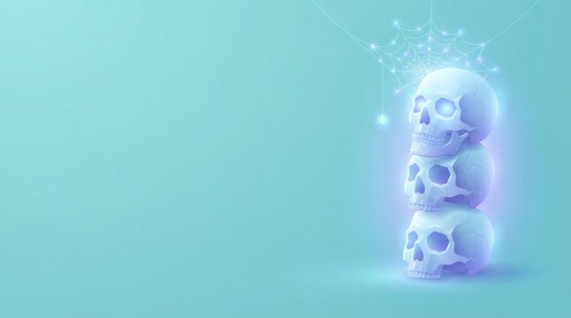 Pastel Turquoise Background 3D Vector Skull Stack Glowing Softly Right Edge Spiderweb Accent Above Left Side Open

