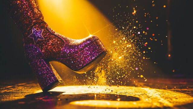 Shiny platform glitter boot steps on stage creating golden sparkles