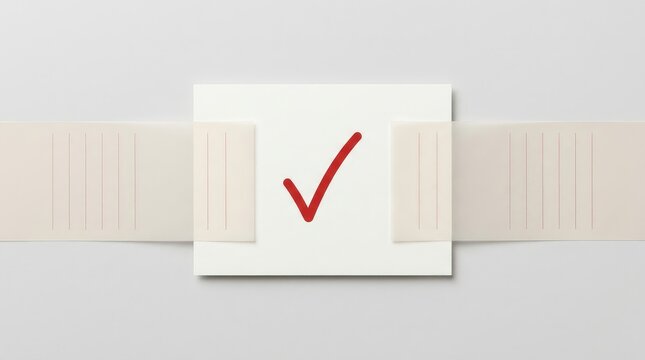 Checkmark on blank lined paper document stack with red checkmark center paper bold confirmation affirmative validation stationery background