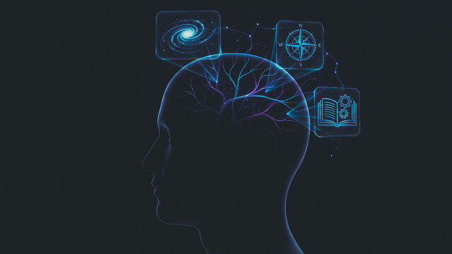 Human mind thinking about knowledge, space, and future guidance