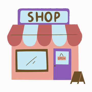 A clean vector illustration of a small shop front with a pink awning, display window, open sign, and sidewalk sign board.