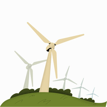 A vector illustration of a green wind energy farm with multiple wind turbines generating clean renewable power on rolling hills under a soft sky.