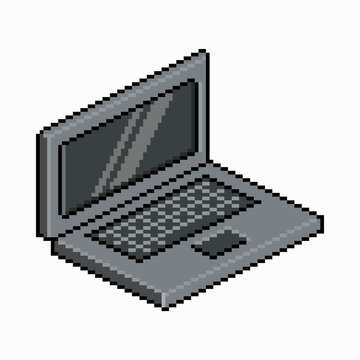 A retro 8-bit pixel art illustration of an open dark grey laptop computer shown at an angle.
