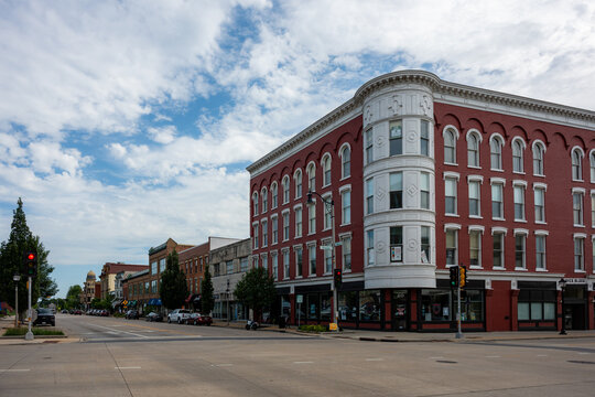 Janesville, WI - Sept 3, 2026: Downtown cityscape with historic Hayes Block building with Queen Anne architecture at a city intersection.