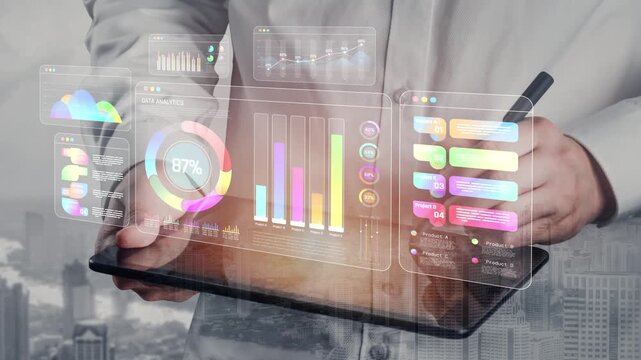 Business Professional Analyzing Data on Digital Tablet with Graphs, Charts, and Visual Analytics Displayed in Modern City Background for Stock Photo Use Sigmoid