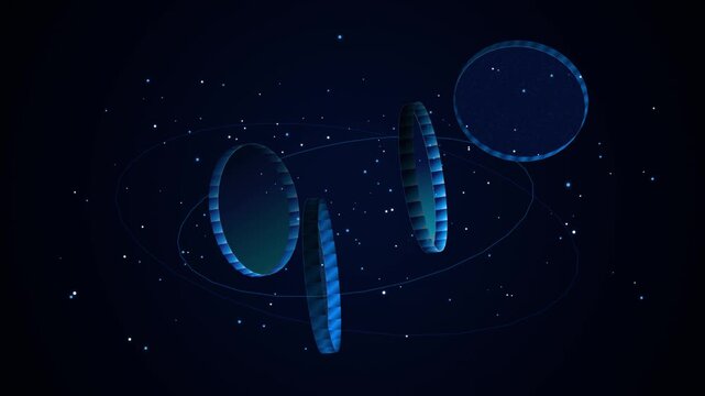 Illustrative depiction of futuristic space station components orbiting a celestial body in deep space