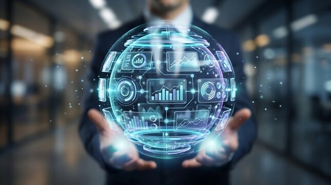 Business executive holding spherical digital interface displaying financial charts and analytics representing data driven decision making and modern corporate management strategies
