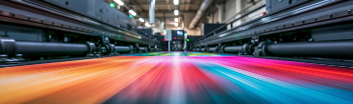 Industrial Printing Press in Motion: A vibrant, high-speed industrial printing press in full operation, creating streaks of colorful ink as paper rolls through its machinery.