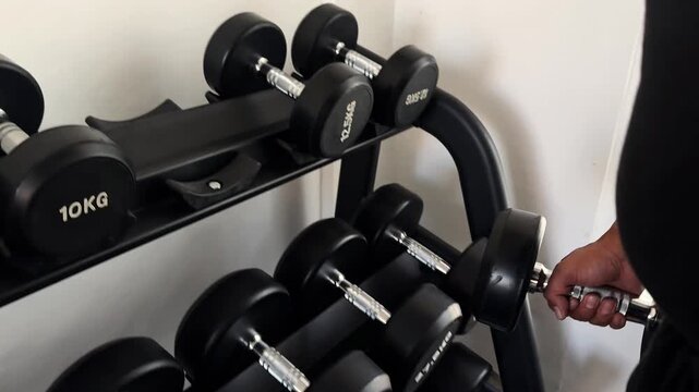 Person picking up a black dumbbell from a weight rack in a modern gym. Strength training and fitness workout concept with free weights and exercise equipment.