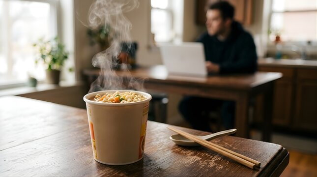 Steaming hot cup of instant noodles on a home office table during work