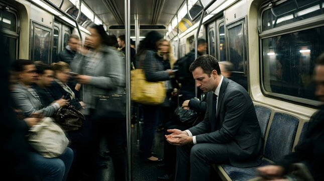 Thoughtful man sitting in a moving subway train surrounded by commuters