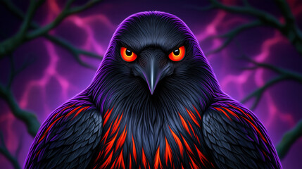 Obraz premium Dark raven portrait angry bird black feather red eye purple background horror style dark fantasy front view close up digital art