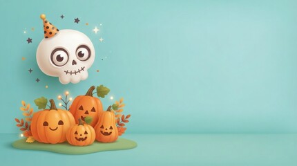 Fototapeta premium Light Teal Background 3D Vector Skull Big Round Eyes Top Left Corner Pumpkins Below Right Side Open
