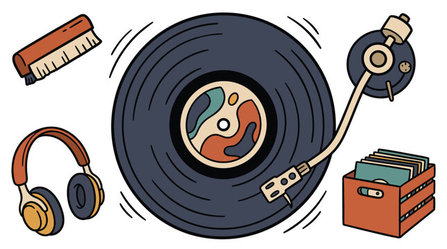 Classic Vinyl Turntable Tonearm With Large Black Record Vinyl Cleaning Brush Headphone And Crate Vector Hand Drawn Doodle Illustration
