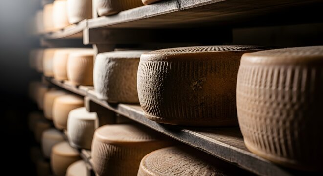 Aged dairy rounds resting on wooden shelves in a traditional cellar environment where temperature and humidity are carefully managed to ensure the maturation of high quality artisanal food