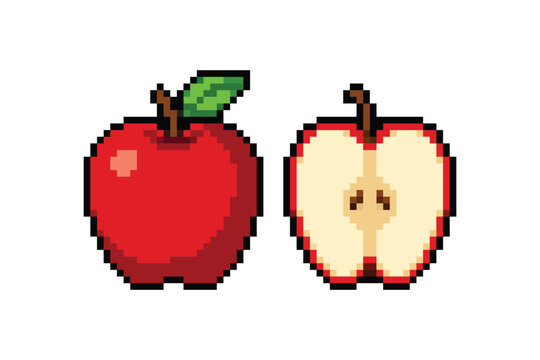 Retro Red Pixel Art Whole and Sliced Apple Fruit Icon for Farming Video Games