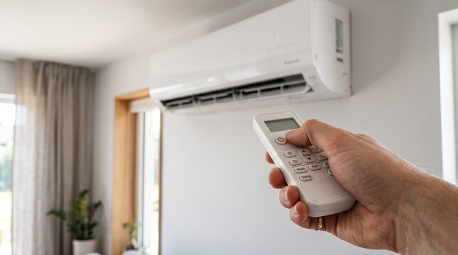A hand holding a remote control operates a modern white air conditioner mounted on a light gray wall, set against a backdrop of a window with curtains and a plant.