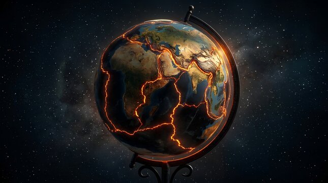 Cracked illuminated world globe on ornate stand showing glowing tectonic fault lines, dramatic dark space background with stars, conceptual Earth breaking apart, climate disaster and planetary