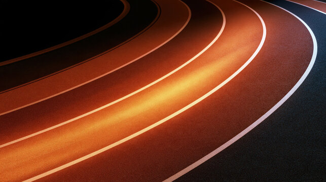 Running track at night, empty curved lane with orange light and dark background