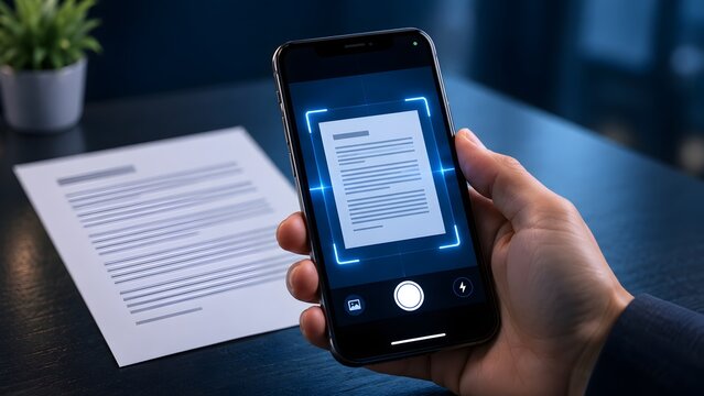 Mobile document scanning application on smartphone capturing paper contract on dark office desk representing digital transformation and optical character recognition