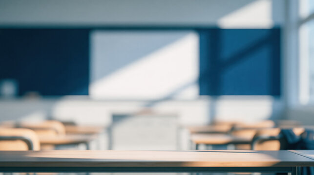 Empty classroom blurred desks sunlit interior school room modern classroom education setting vacant room soft light empty school learning space
