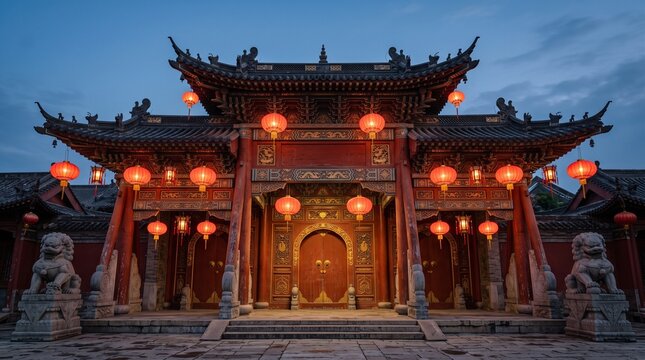 Traditional chinese temple decorated with glowing red lanterns for the beautiful and festive mid autumn festival celebration