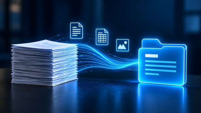 Physical paper stack migrating to digital electronic folder representing document management system and paperless office transformation